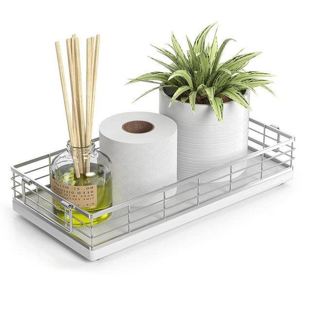 JNFUZ Toilet Paper Basket, 13 Inch Oak and Iron Bathroom Tank Tray Top of Toilet Storage Toiletries Organizer for Bathroom, Living Room and Kitchen (White)