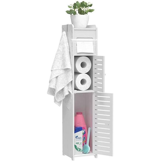 Bathroom Storage Cabinet for Small Space with Doors and Shelves, 4-Tiers Narrow Bathroom Cabinet,Waterproof Toilet Paper Storage Organizer with Toilet Paper Roller,Accommodate Mega Rolls(White)