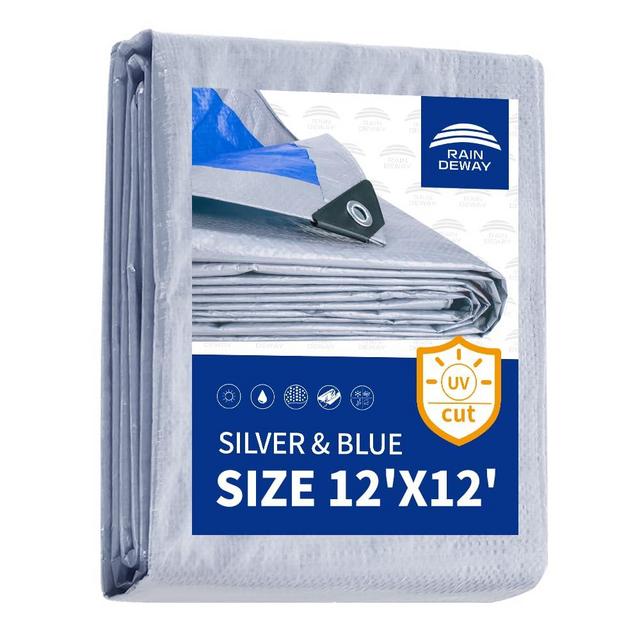RAINDEWAY Tarps 12x12 Feet - 5.5 Mil, Multipurpose Waterproof Poly Tarp Cover with Metal Grommets and Reinforced Edges, Silver/Blue Tarp