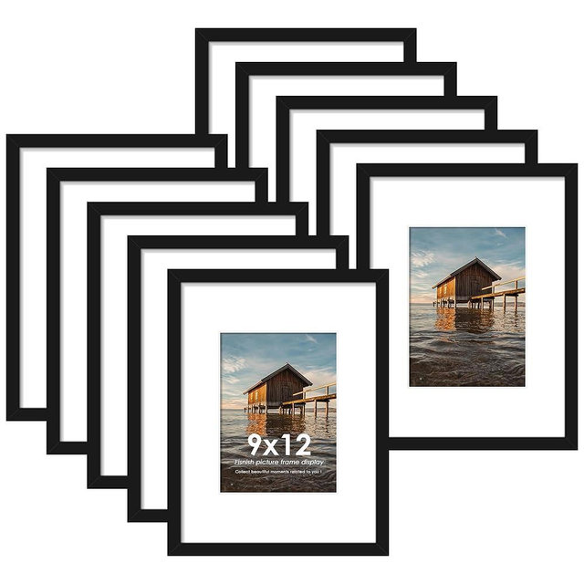 Fisnish 9x12 Picture Frame Sef of 10, Display Pictures 6x8 with Mat or 9 x 12 Without Mat, Photo Frame Collage for Wall Gallery Decor, Wall Mounted, Black