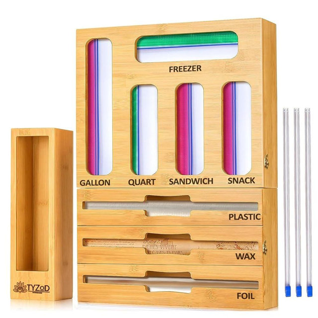 TYZOD 9-in-1 Bamboo Ziplock Bag Organizer for Kitchen Drawer & Wall Mount, Foil and Plastic Wrap Dispenser with Cutter, Compatible with Gallon, Quart, Sandwich, Snack & Freezer Bags