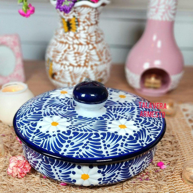Talavera Large Tortilla Warmer Daisy 9.5in lid Pottery Tortillero Kitchen Mexican Decor birthday gift for her coquette LIMITED EDITION