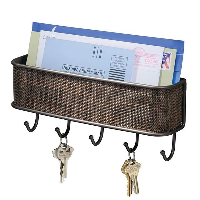 iDesign Twillo Mail and Key Holder, Decorative Wall Mounted Key Rack Organizer Pocket and Letter Sorter Holder for Entryway, Kitchen, Mudroom, Home Office Organization, 10.5" x 2.5" x 4.5", Bronze