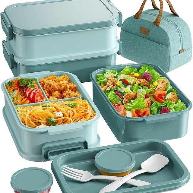 KEMETHY Adults Bento Lunch Box Set with Thermo Bag, 74oz Stackable Leak-proof 3-tiers Bento Box, Built-in Utensil and Sauce Container for Work, School, Dining Out (Green)