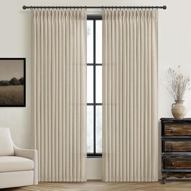 Warm Beige Pinch Pleated Linen Sheer Curtains 78 Inches Long for Dining Room, Memory Trained Light Filtering Cottage Core Windows Drapes Panels of 2 with Hooks & Rings Non See Through Thick Curtain