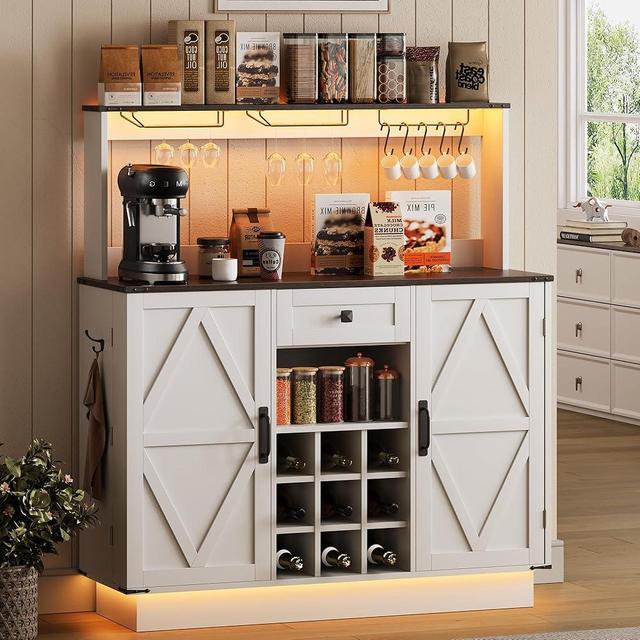 Jocoevol Farmhouse Coffee Bar Cabinet with LED Light and Power Outlet, 48'' Kitchen Coffee Bar with Hutch and 9 Wink Racks, Wood Coffee Bar Table with Wine and Storage for Living Room, White