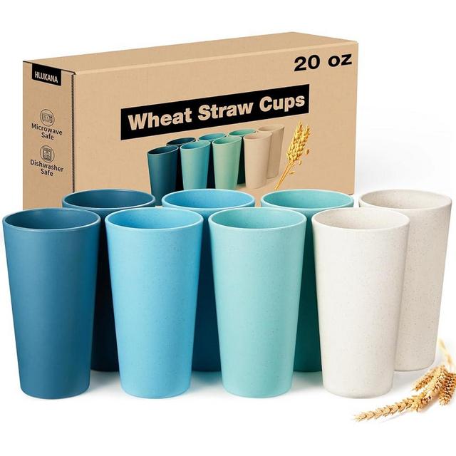 Hlukana Wheat Straw Cups Set of 8, 20 oz Unbreakable Drinking Cup, Chip Resistant Cups, Reusable Water Cup Set, Large Cups for Kitchen, Camping, BPA Free Cups, Dishwasher & Microwave Safe Tumbler Cups