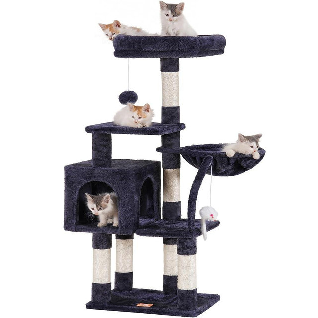 Heybly Cat Tree with Toy, Cat Tower condo for Indoor Cats, Cat House with Padded Plush Perch, Cozy Hammock and Sisal Scratching Posts, Smoky Gray HCT004SG