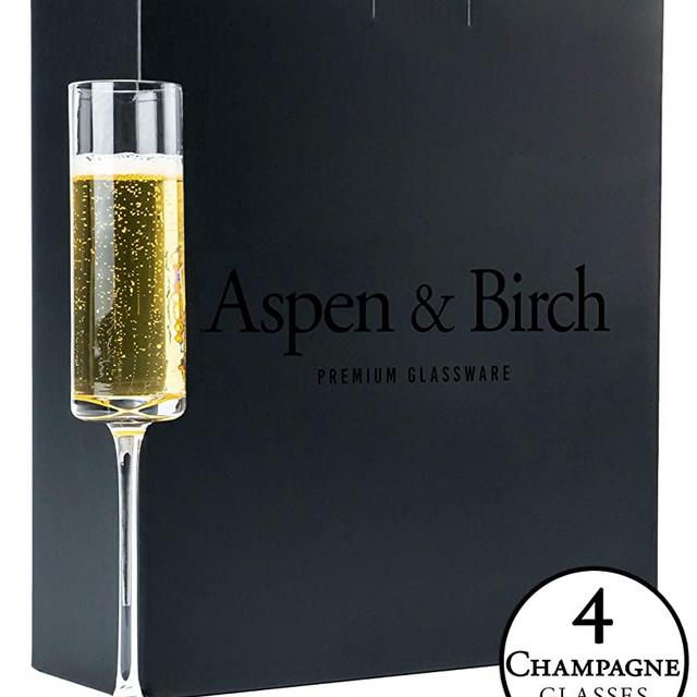 Aspen & Birch - Modern Champagne Flutes Set of 4 - Champagne Glasses - Mimosa Glasses, Premium Crystal Stemware, Clear, 6 oz, Hand Blown Glass Champagne Flutes - Hand Crafted by Artisans