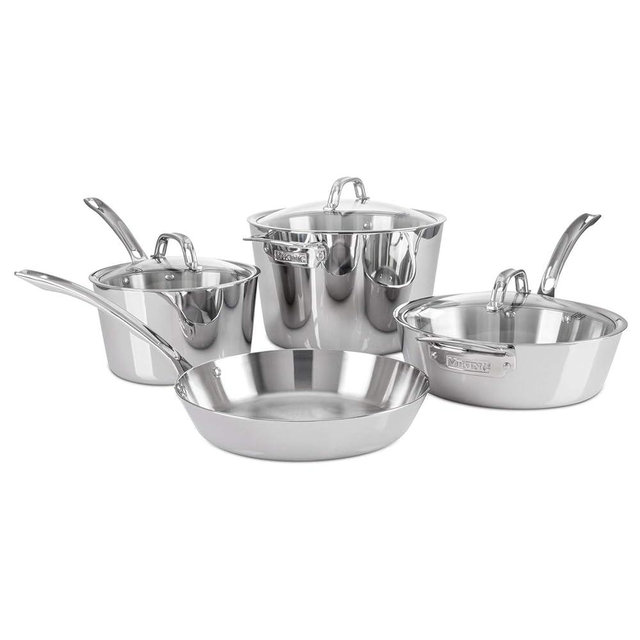 Viking 3-Ply Pots and Pans Set, 7 Piece Stainless Steel Kitchen Cookware, Silver