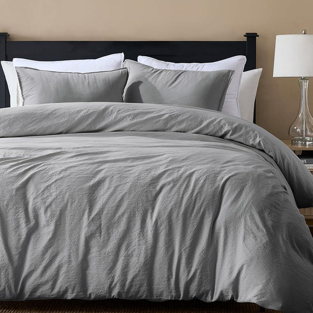 WDCOZY Grey King Size Jacquard Duvet Cover Set with Zipper Closure, Modern Washed Soft Striped Bedding, Textured Seersucker Like Cotton Linen, 1 Duvet Cover and 2 Pillow Shams, No Comforter