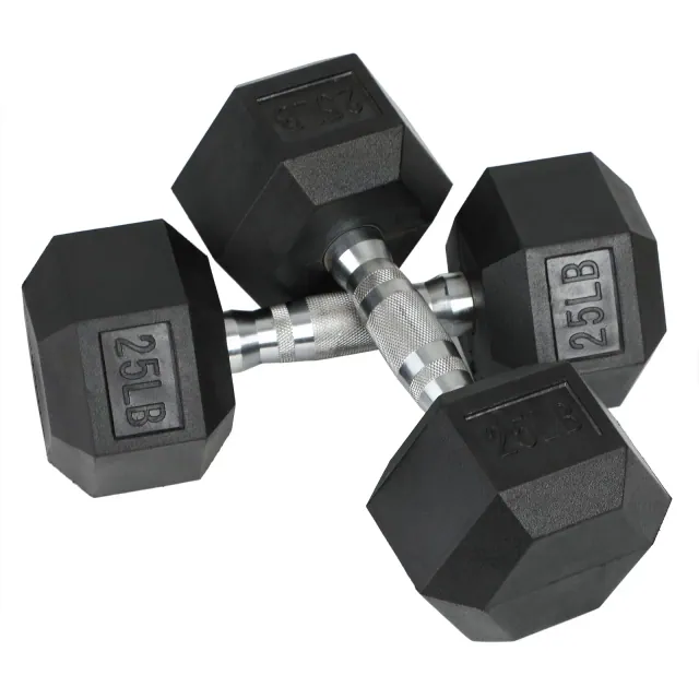 HolaHatha Iron Hexagonal Cast Exercise 25 lb Dumbbell Free Weights with Contoured Textured Grips for Home Exercise and Strength Training, Pair, Black