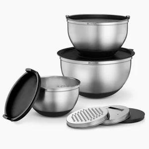 Belwares Mixing Bowls with Lids Set - Nesting Bowls with Graters, Handle, Pour Spout, Airtight Lids - Stainless Steel Non-Slip Mixing Bowl for Cooking, Baking, Prepping, Food Storage (Set of 3)