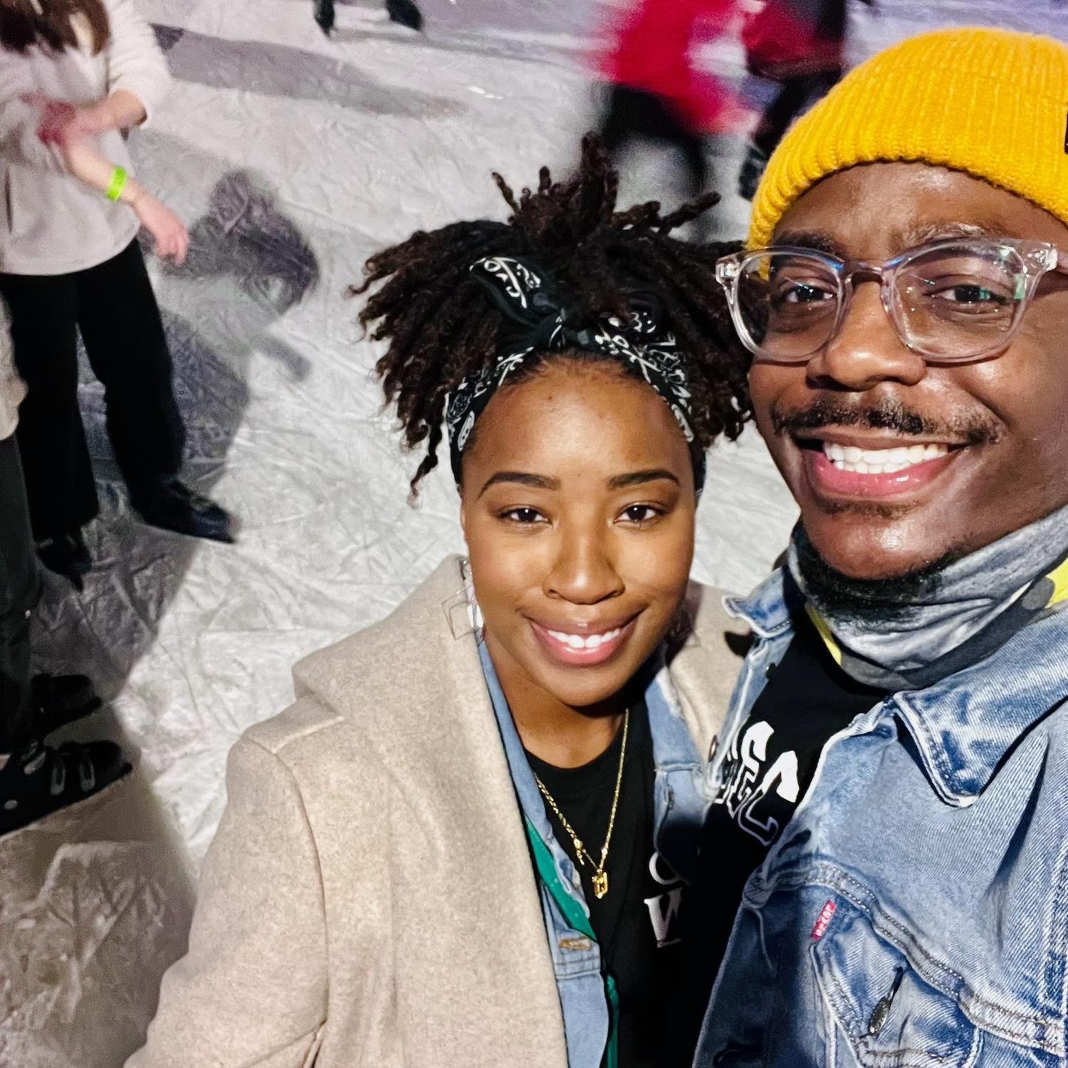 One of our first few dates was ice skating at Discovey Green in Houston, TX.