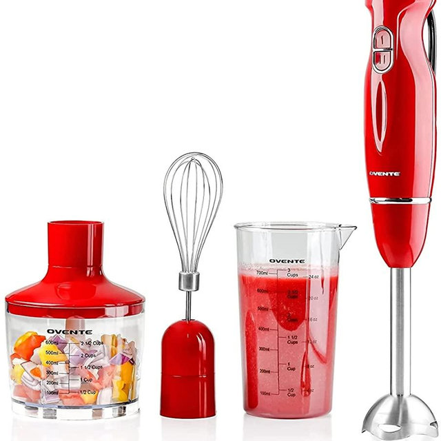 Ovente Immersion Electric Hand Blender 300 Watt Power 2 Mix Speed with Stainless Steel Blades, Handheld Stick Mixer Set with Egg Whisk Attachment Mixing Beaker and BPA-Free Food Chopper, Red HS565R