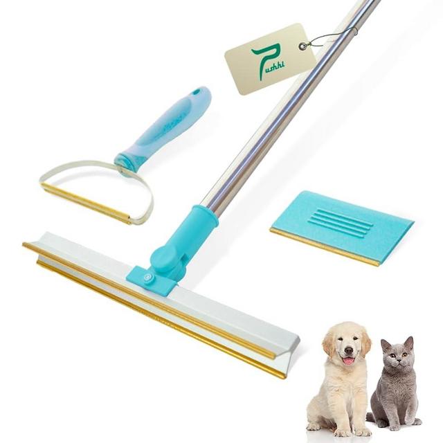 pushhi Pet Hair Remover Set, 3Pcs Dog & Cat Hair Removal Tool Set, Retractable Carpet Rake for Pet Hair, Pet Hair Removal Tool for Funiture, Carpet Brush for Rug, Couch, Pet Bed, Cat Tower (Blue)