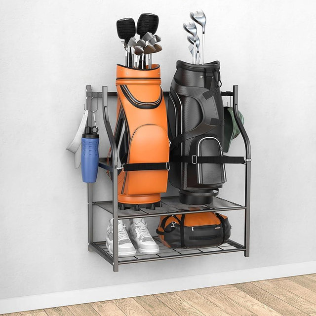 WALMANN Wall-Mounted Golf Bag Organizer, Rolling Storage Rack for 2 Golf Bags with Accessories Shelf for Garage