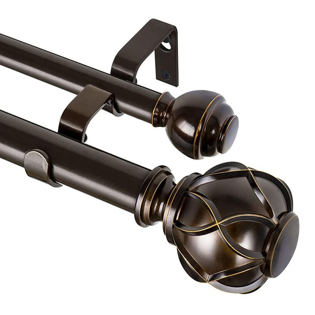 KAMANINA 1 Inch Double Curtain Rods 36 to 72 Inches (3-6 Feet) Window Telescoping Drapery Rod, Netted Texture Finials, Antique Bronze
