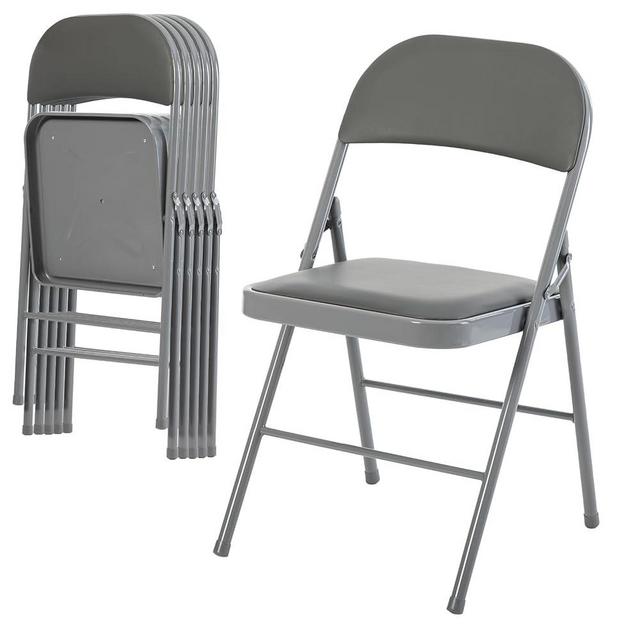 DUMOS 6 Pack Folding Chairs with Padded Cushion and Back - PU Leather Stackable Portable Dining Chiars Set, for Home and Office, Conference, Wedding, Party, Patio, Garden, for Indoor Outdoor, Grey