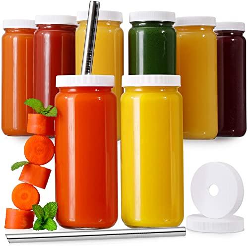 [ 8 Pack ] Glass Juicing Bottles, Drinking Jars with 2 Straws & 2 Lids w Hole - 16 OZ Travel, Water Cups with White Airtight Lids, Reusable Tall Mason Jar for Juice, Boba, Smoothie, Tea, Kombucha