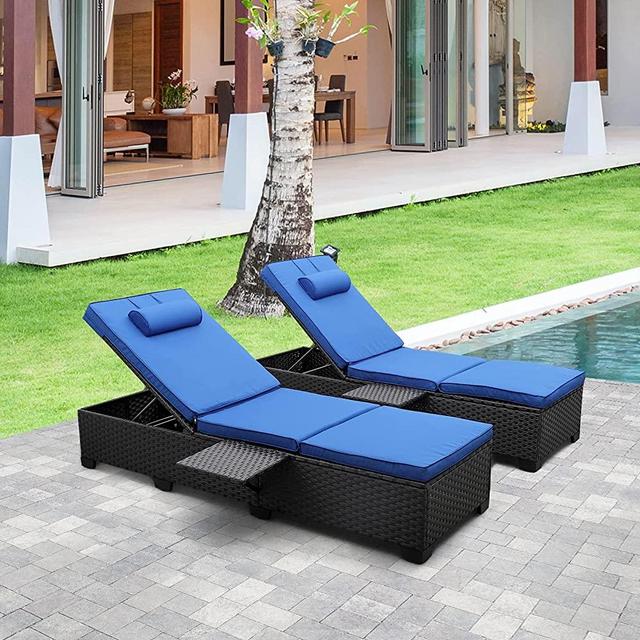 Outdoor PE Wicker Chaise Lounge - 2 Piece Patio Black Rattan Reclining Chair Furniture Set Beach Pool Adjustable Backrest Recliners with Royal Blue Cushions