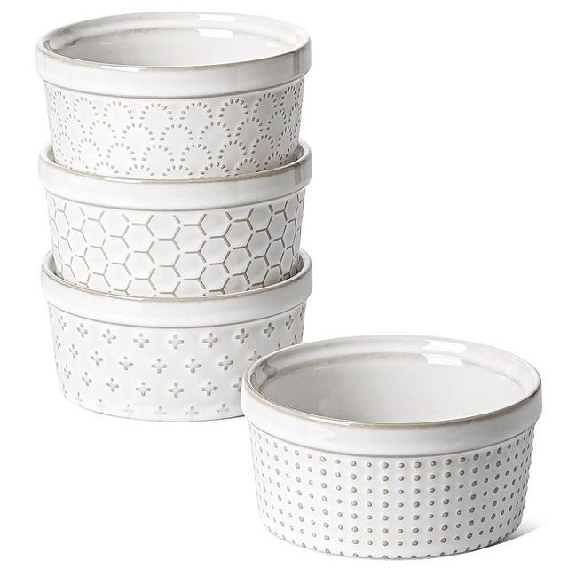 LE TAUCI Ramekins 8 oz, Ceramic Souffle Dishes, Embossment Ramiken for Personal Pudding, Creme Brulee,Serving Dip, Custard, Ice Cream -4.75 inch, Set of 4, Arctic White