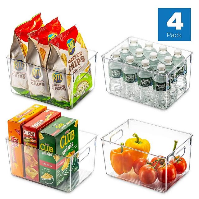 Set Of 4 Clear Pantry Organizer Bins Household Plastic Food Storage Basket with Cutout Handles for Kitchen, Countertops, Cabinets, Refrigerator, Freezer, Bedrooms, Bathrooms - 11" Wide