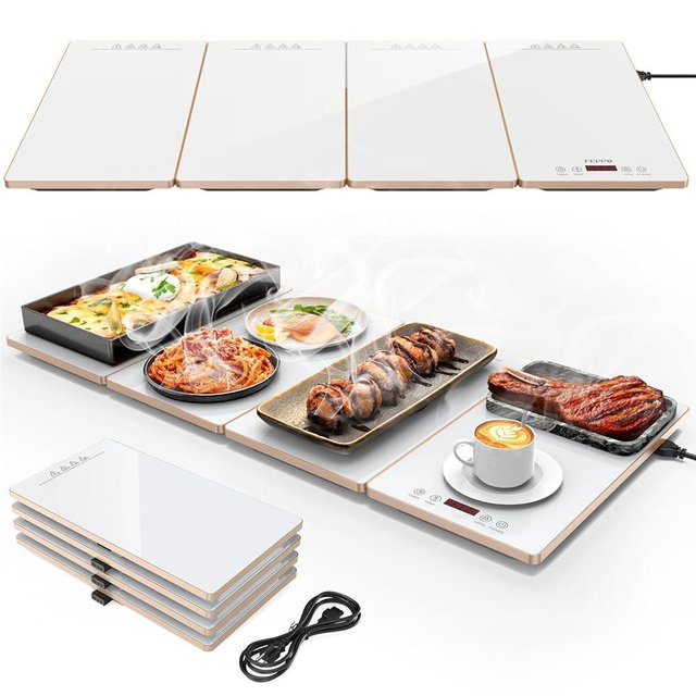 FEPPO Food Warmers for Parties Buffet – 4-in-1 Electric Warming Tray for Food with 10 Temp Settings & Timer, 33"x15" Glass Surface, Modular Buffet Hot Plates for Catering & Gatherings