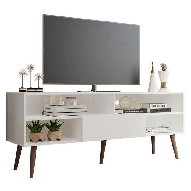 Madesa Modern TV Stand with 1 Door, 4 Shelves for TVs up to 65 Inches, Wood Entertainment Center 23'' H x 15'' D x 59'' L – White