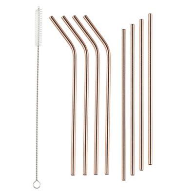 Red Copper 9-Piece Stainless Steel Reusable Drinking Straw and Brush Set in Copper