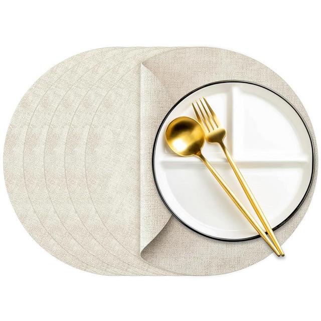 13 Inch Round Leather Placemats Set of 6 for Dining Table Washable Place Mats Non-Slip Kitchen Table Mats, Beige