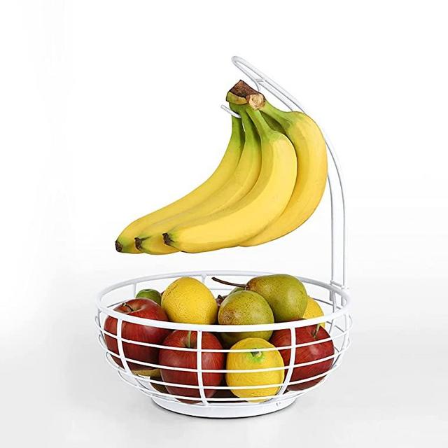 SunnyPoint Classic Tabletop Wire Banana Fruit Basket Bowl Stand With Wooden Base