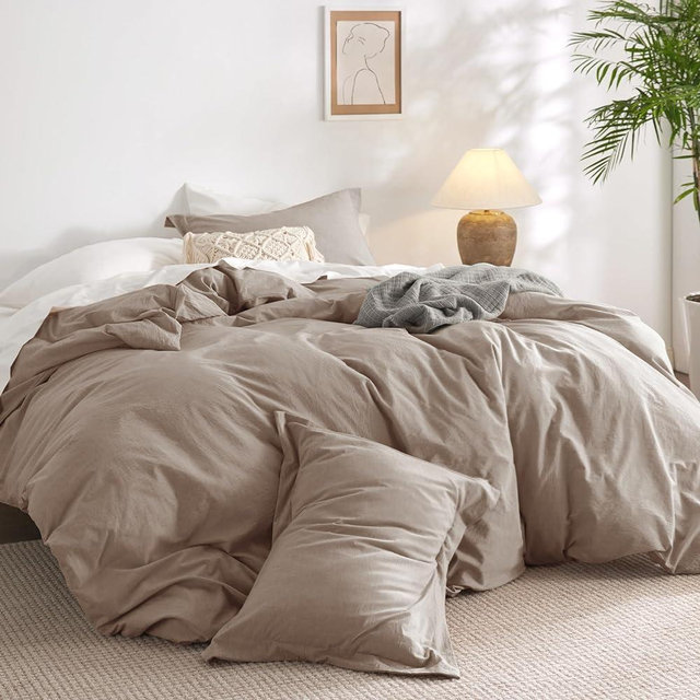 Bedsure 100% Washed Cotton Duvet Cover Queen - Taupe Minimalist Cotton Duvet Cover Set Linen Like - 3 Pieces Plain Simple Cotton Duvet Cover Set with 2 Pillow Shams (Taupe, Queen, 90"x90")