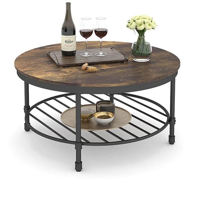 Gezen 2-Tier Round Coffee Table, Industrial Coffee Table for Living Room, Wooden Tabletop Rustic Steel Accent Table with Storage Open Shelf- Metal Frame - Retro Brown