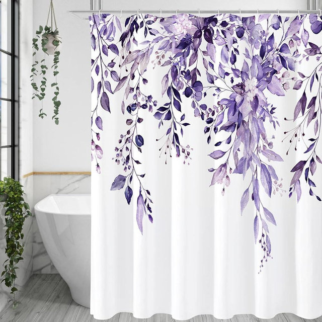 Gibelle Purple Eucalyptus Shower Curtain, Watercolor Plant Leaves with Floral Bathroom Shower Curtain Set with Hooks, 72x72