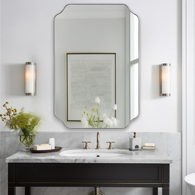 ANDY STAR Chrome Scalloped Mirror, 26x38 Inch Polished Chrome Rectangle Mirror, Unique Bathroom Mirror with Scalloped Edge Design, Rust-Proof Stainless Steel 1’’ Frame, Home Decor