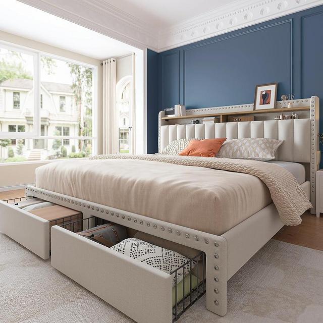 EnHomee Queen Bed Frame with Headboard and Storage, Upholstered Queen Bed Frame with Storage, Queen Size Bed Frame with 2 Drawers, Queen Size Bed Frame with Storage, NO Noise,No Box Spring Needed