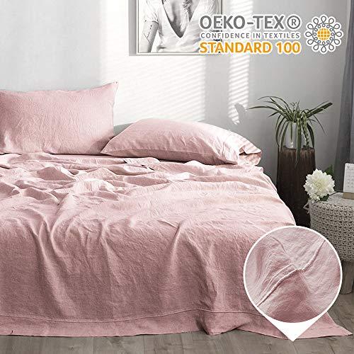 Simple&Opulence 100% Linen Sheet Set with Embroidery Stone Washed - Queen Size - 4 Pieces (1 Flat Sheet & 1 Fitted Sheet & 2 Pillowcases) Natural Flax Soft Bedding Breathable Farmhouse - Pink