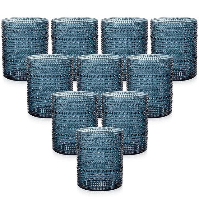 YOUBET 24PCS Plastic Hobnail Drinking Glasses - 14 Oz Blue Vintage Glasses Drinkware - Disposable Beaded Cups for Juice, Wine, Party