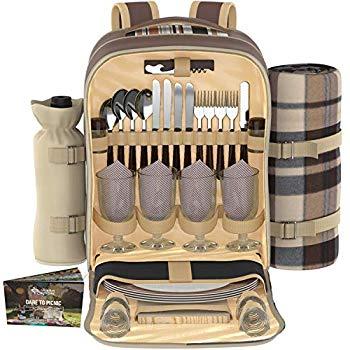 Kitchen Supreme Picnic Backpack Set for 4 | Luxury Gift Collection | Basket Bag with Large Insulated Cooler Compartment, Waterproof Fleece Blanket & Detachable Wine Holder