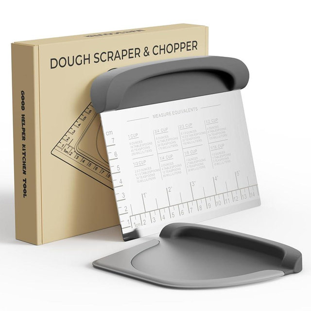 Bench Scraper Dough Cutter Tool - Bowl Pastry Scraper for Bread Cake Pizza, Bench Knife Kitchen Dough Scraper for Baking, Stainless Steel Food Scraper with Grip Handles & Measuring Scale, Grey, Gray