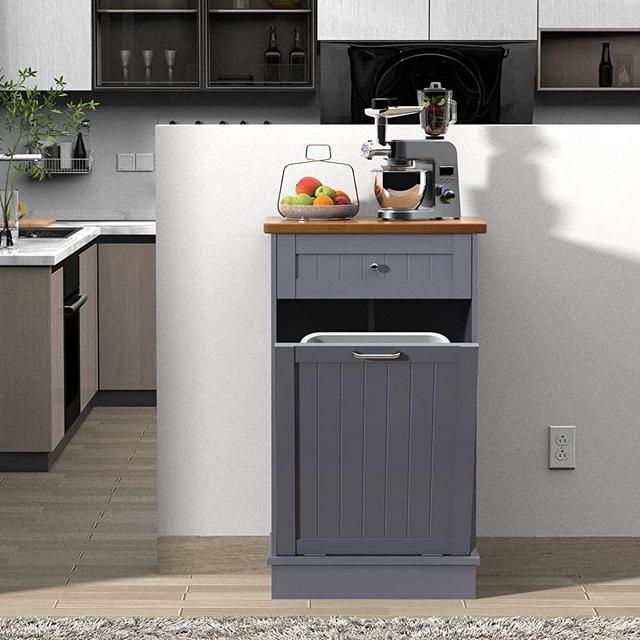 TOLEAD Tilt Out Trash Cabinet,Antique-Style Beadboard Kitchen Island with Solid Wood Tabletop & Drawer, Pet Proof Trash Can, Wood Laundry Cabinet (Grey)