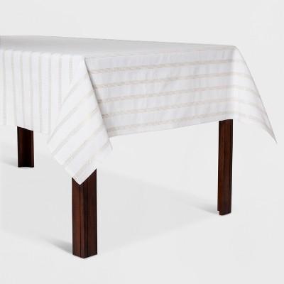 84"x60" Metallic Stripe Tablecloth White/Gold - Opalhouse&#8482;