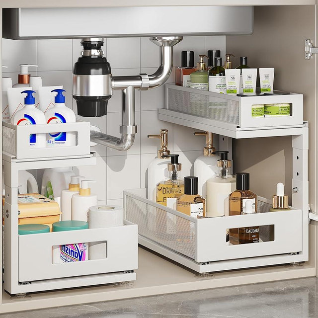 Corbyles 2 Pack Under Sink Organizer With Next-Gen Ball-Bearing Slides,2-Tier Pull Out Cabinet Storage,Height Adjustable Drawer Shelf for Bathroom,Kitchen,Laundry,Cabinet,Pantry(Patent Pending)