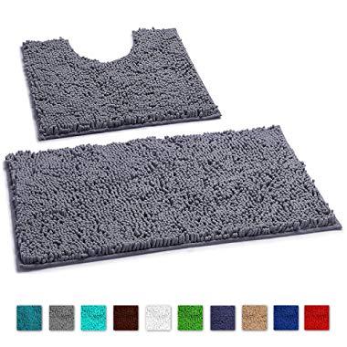 LuxUrux Bathroom Rugs Non Slip Super Soft Chenille Luxury Bath Mat Contour Set, Soft Plush Shower Rug +Toilet Mat.1'' Microfiber Shaggy Absorbent Machine Washable Bath Mats. Curved Set, Dark Gray