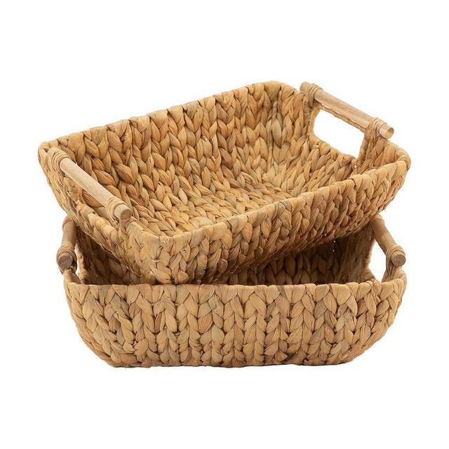 HOMESTEAD Water Hyacinth Storage Baskets with Wooden Handles, Medium Rectangular Wicker Baskets for Bedroom, Living Room, Bathroom, Shelves - 2 Packs