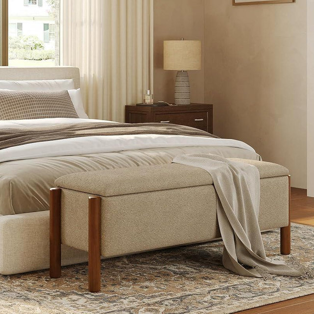 Storage Ottoman Bench, End of Bed Bench for Bedroom, 47" Boucle Upholstered Entryway Shoe Seat Bench, Holds up to 660 lb Storage Ottoman, Padded Blanket Chest Stool Foot Rest for Living Room Beige