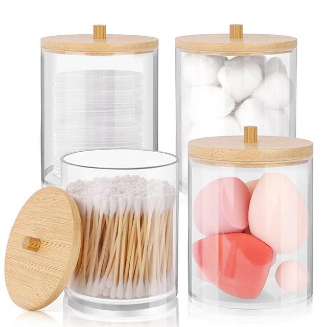 TCJJ 4 Pack 15 Oz Acrylic Qtip Holder Dispenser Bathroom Jars with Bamboo Lids, Cotton Ball Pad Round Swab Holder for Bathroom Accessories Storage Organizer