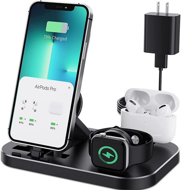 Portable 3 in 1 Charging Station for Apple Products, Foldable Charging Dock for iPhone/iPad Mini/AirPods Series, Charging Stand Compatible with iWatch 7/6/5/4/3/2/1/SE(with 10W Adapter)(Black)