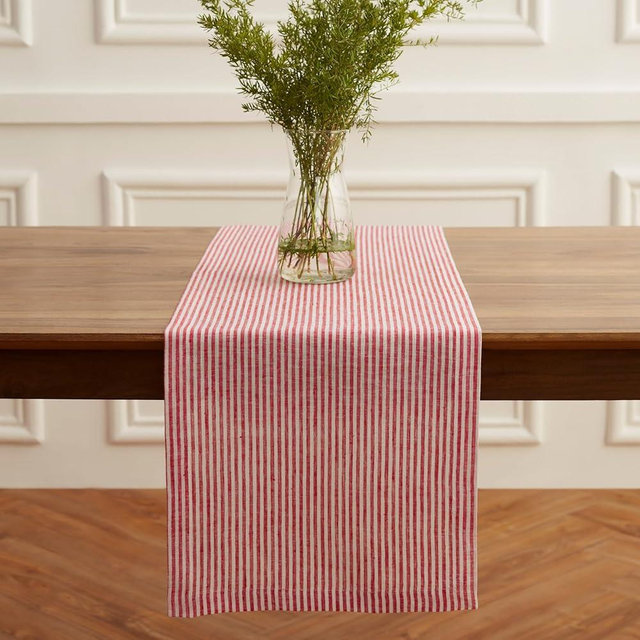 Solino Home Linen Table Runner 72 Inches Long - Narrow Stripe, 100% Pure Linen Red and White Table Runner 14 x 72 Inch for Dining, Dresser, Valentines, Winter, Spring, Easter